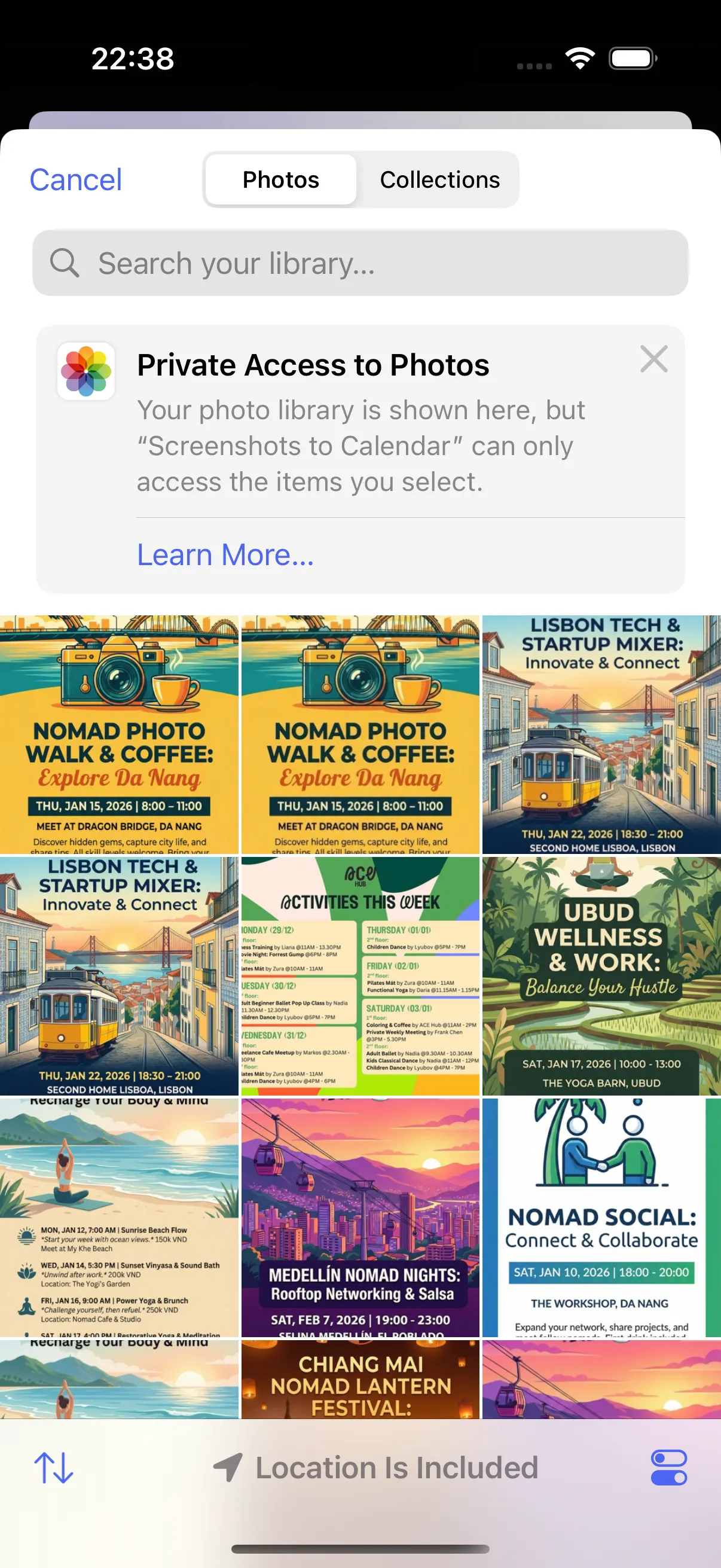 Photo picker showing event screenshots