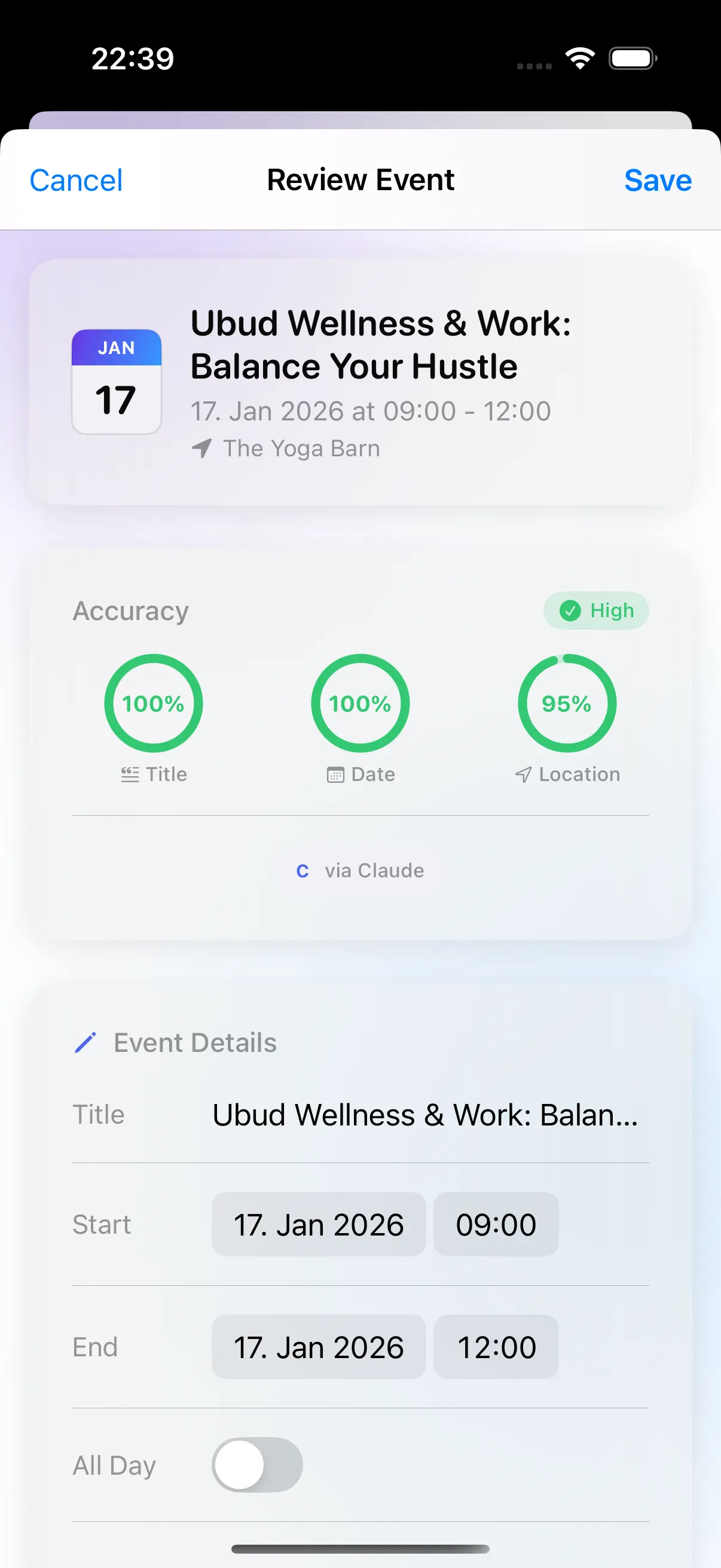 Review screen with extracted event details